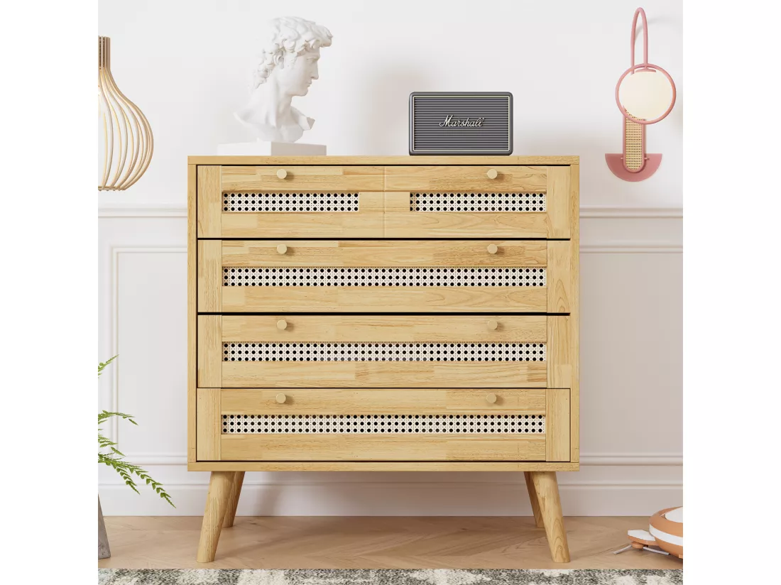 Commode Armoire avec 3 tiroirs,buffet avec plateau de tiroir en rotin,panneaux de particules,80x40x83 cm
