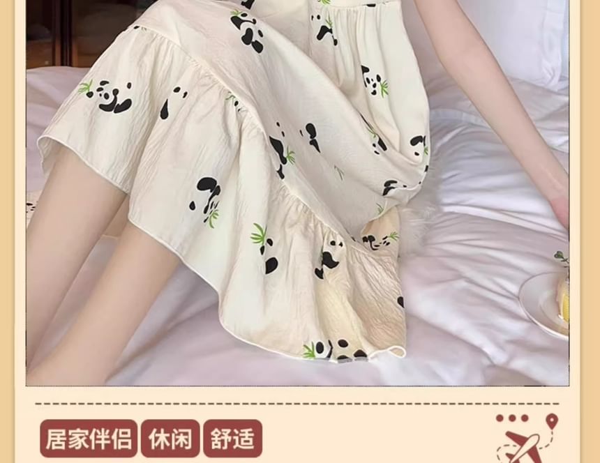 Dazzli - Midi-pyjamajurk met pofmouwen, V-hals, cartoonprint, strikaccent en volantrand