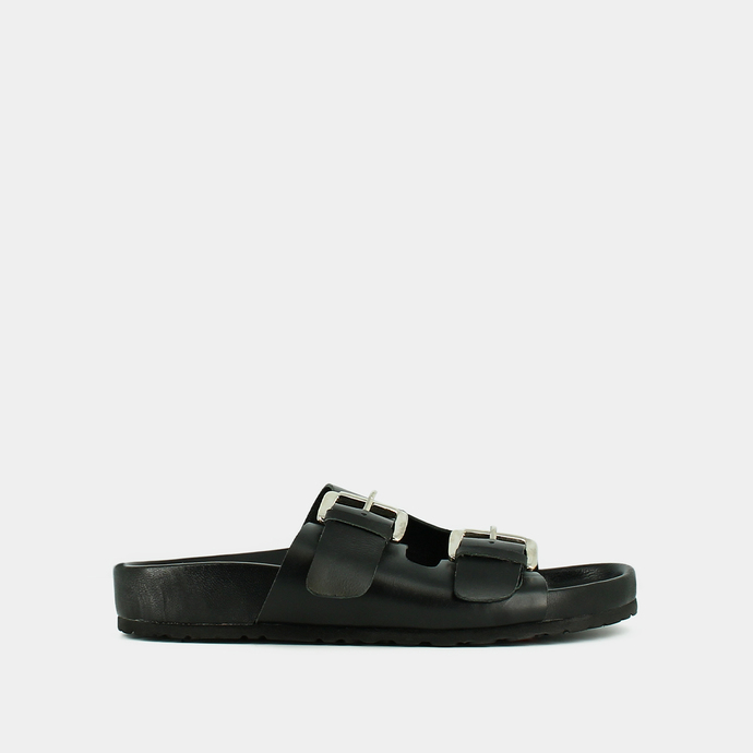 Mules à brides et à boucles  en cuir noir