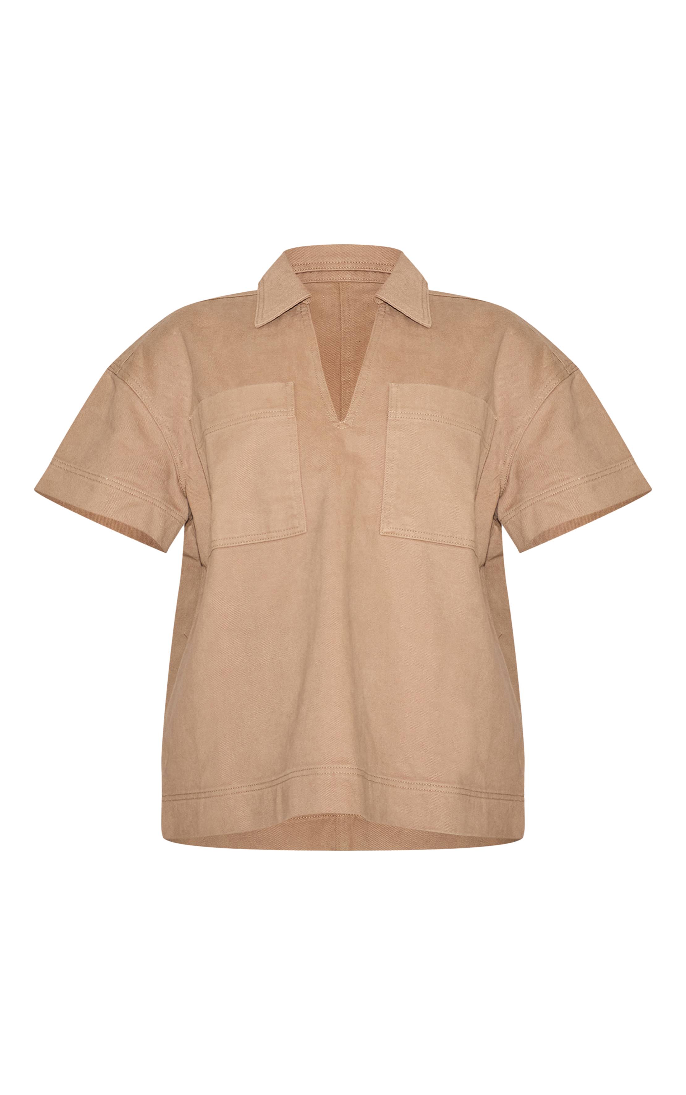 Gris Pierre Chemise Rugby En Denim À Manches Courtes Coupe Ample Avec Poches Détaillées