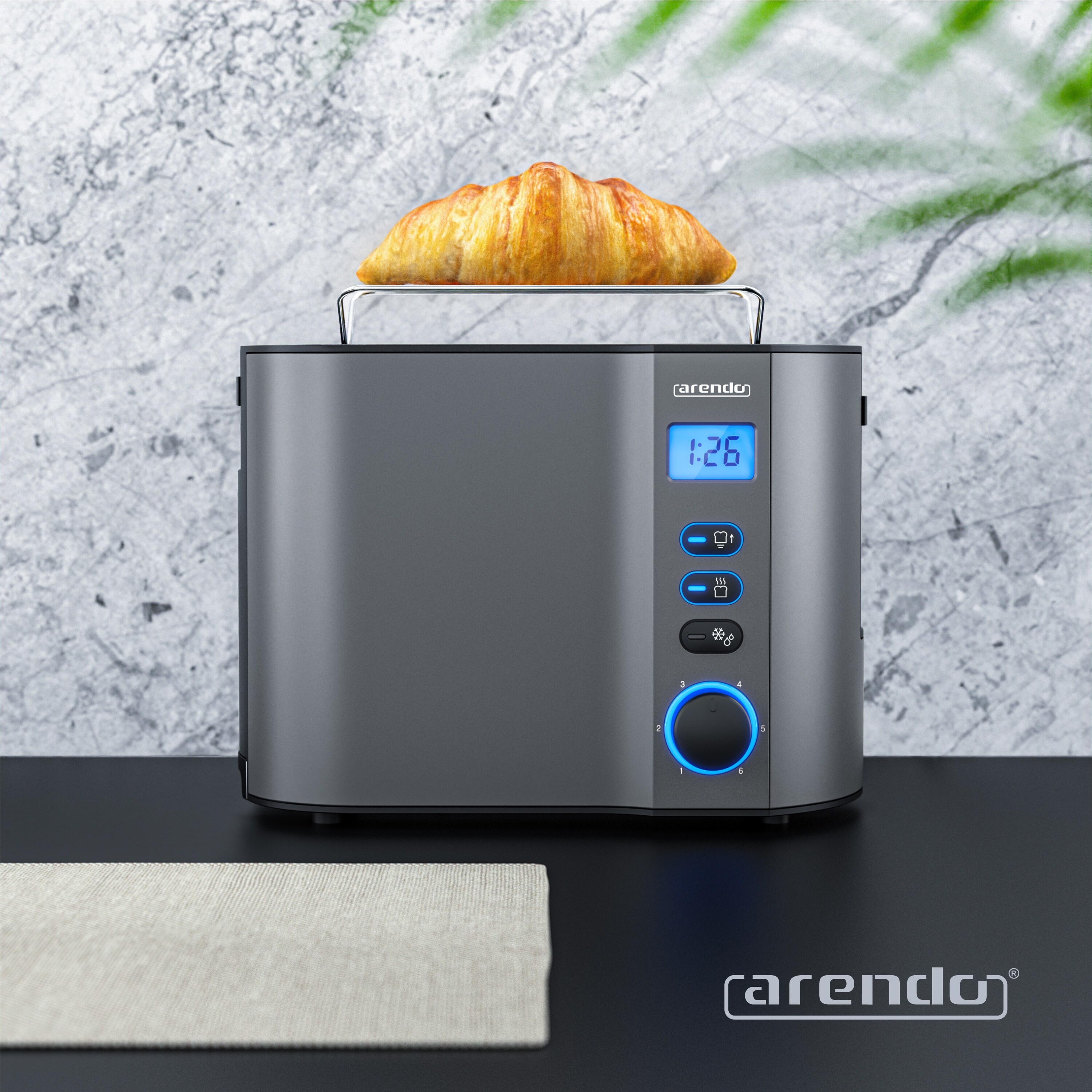 Arendo MANHA Toaster mit Restzeitanzeige, 2 Toastschlitze, integrierter Brötchenaufsatz, 6 Stufen, Auftaufunktion, 800W, Grau