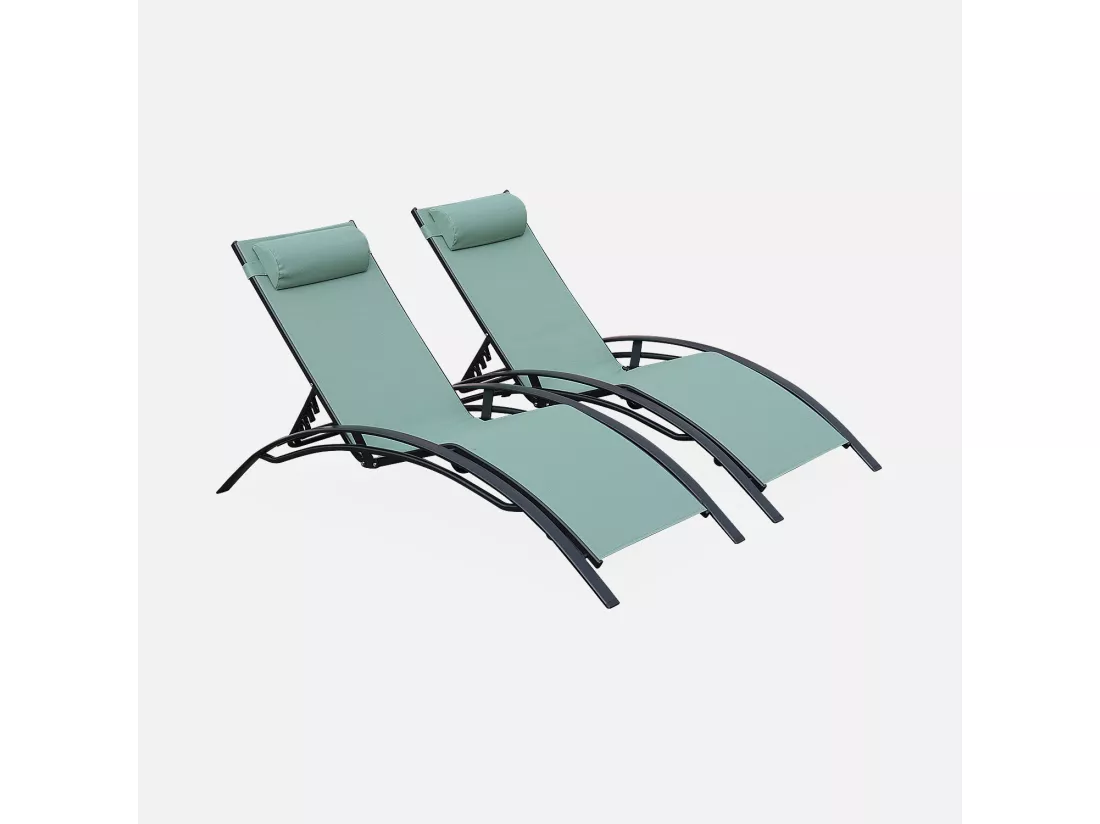 Duo de bains de soleil aluminium - Louisa Vert de gris - Transats aluminium et textilène