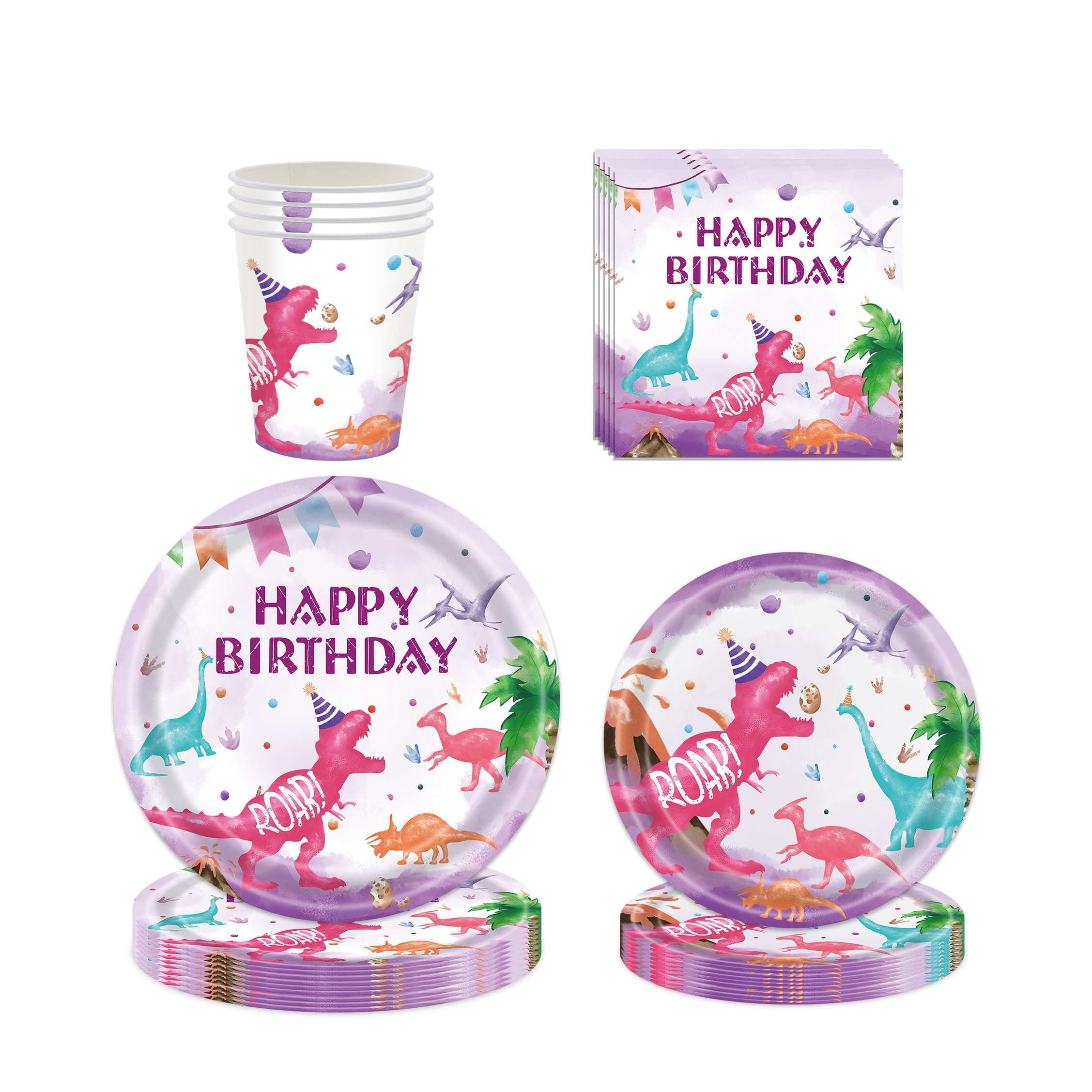 (116-tlg. Set) Happy Birthday Einweg Geschirr Kinder Geburtstags Party Tisch Deko inkl. Teller / Servietten / Becher / Besteck - Dino