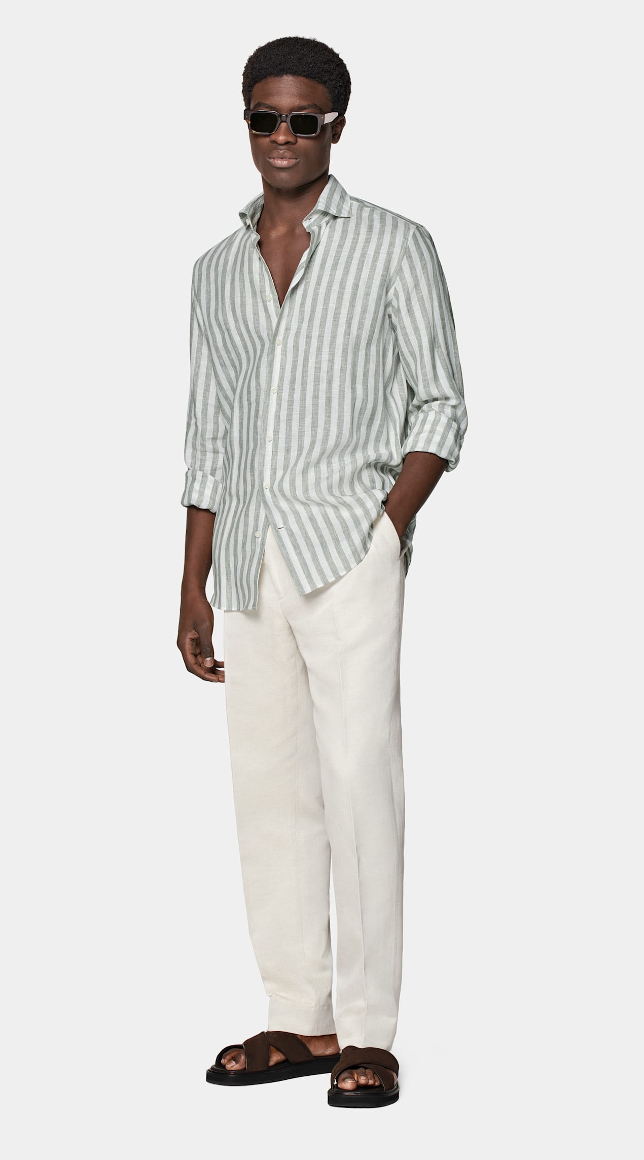 Chemise coupe ajustée vert clair à rayures