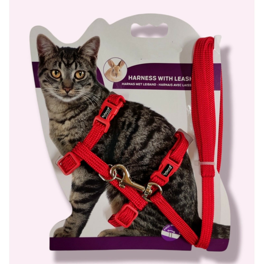 Harnais rouge avec laisse 1.20m, classic, pour chat