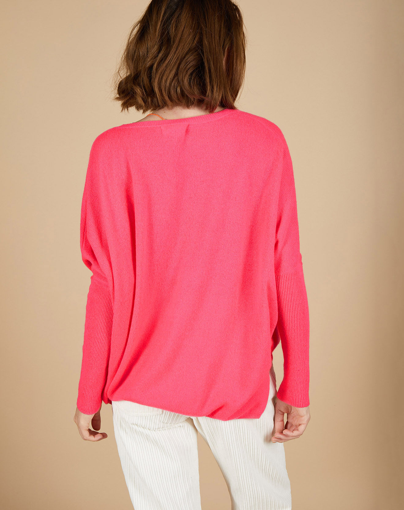 Cashmere Tribu Pull poncho 100% Cachemire Emma col V rose fluo