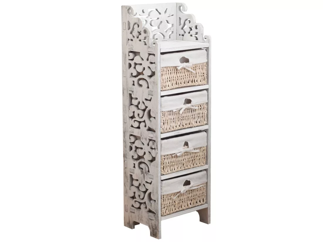 Commode Table De Chevet 4 Tiroirs Bois Osier Blanc 98x29x22