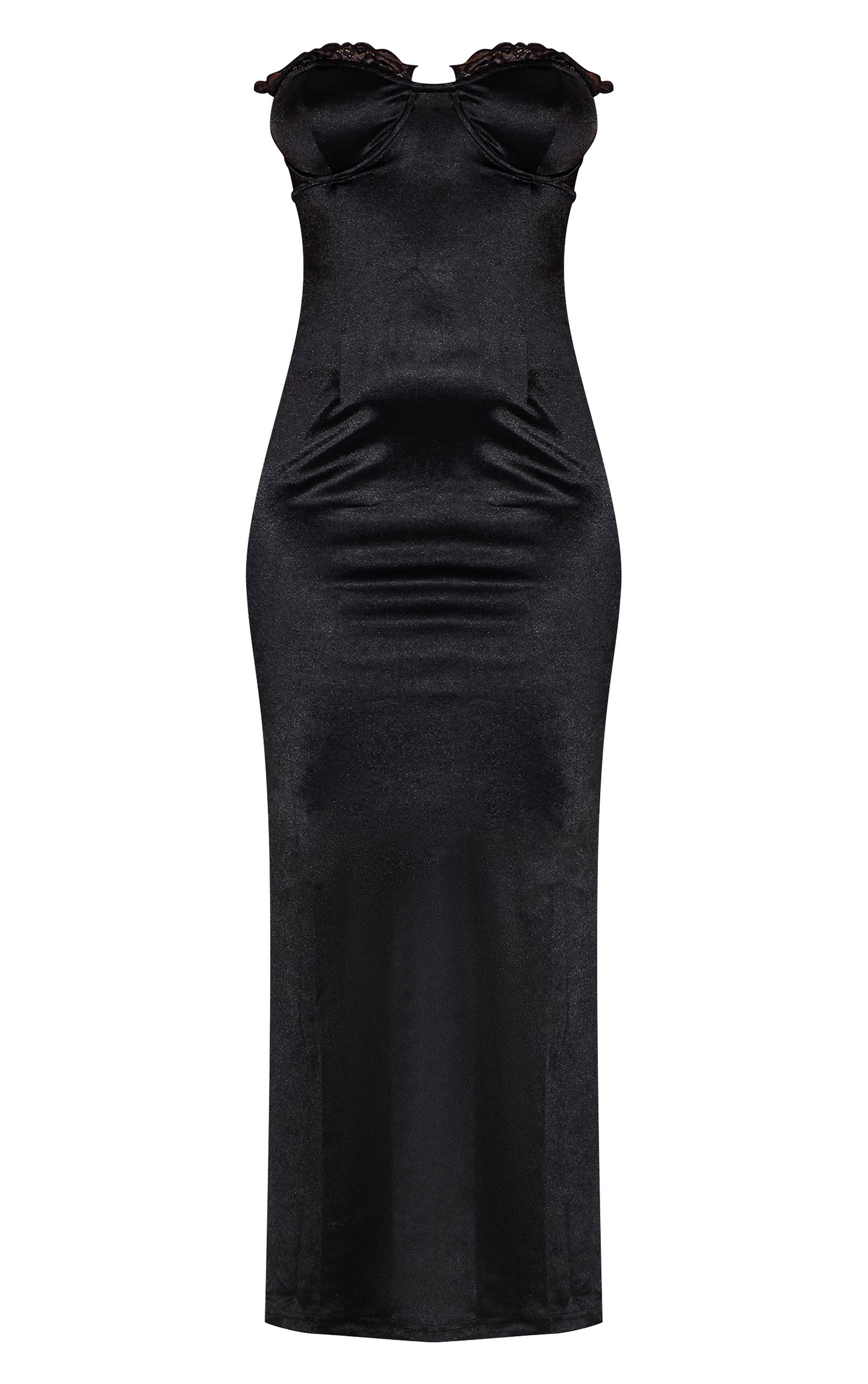 Noir Robe Longue Moulante En Satin Avec Finitions En Dentelle Et Dos Noué