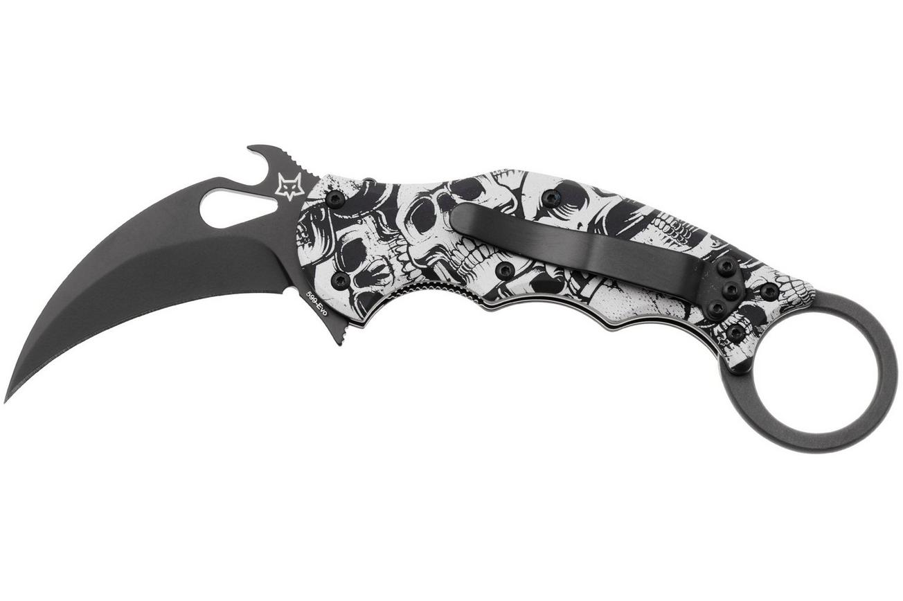 Fox FX-599 ALB-3 The End, Black Idroglider Böhler N690Co, Engraved Aluminum, karambitmes