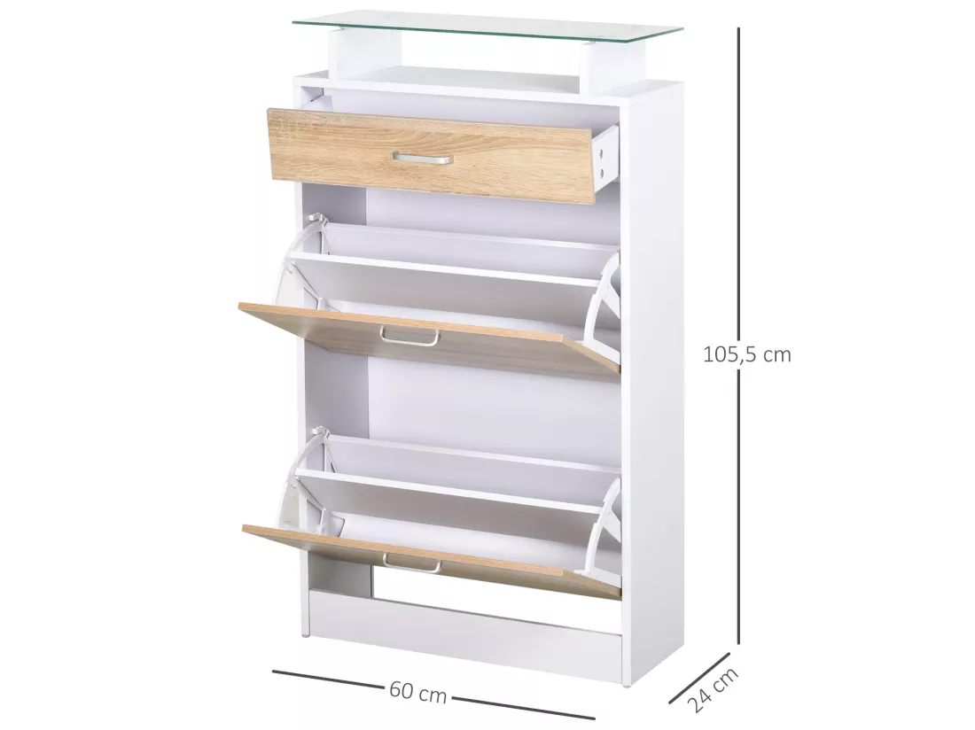 Armoire à chaussures organisateur de luxe pour chaussures 2 portes abattantes 2 compartiments, tiroir, étagère verre panneaux particules chêne blanc