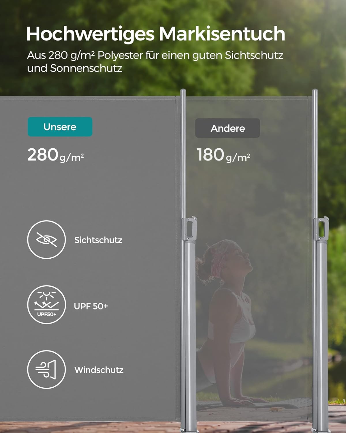 SONGMICS Alu-Seitenmarkise, ausziehbar, 200 x 400 cm, Blickdicht, Sonnenschutz, blickdicht, Seitenrollo, für Balkon, Terrasse, Garten, grau GSA204G03