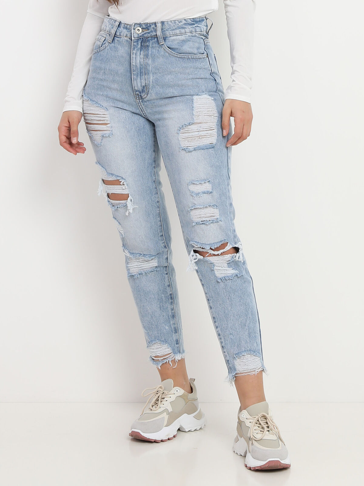 Jeans déchiré à taille haute- Bleu