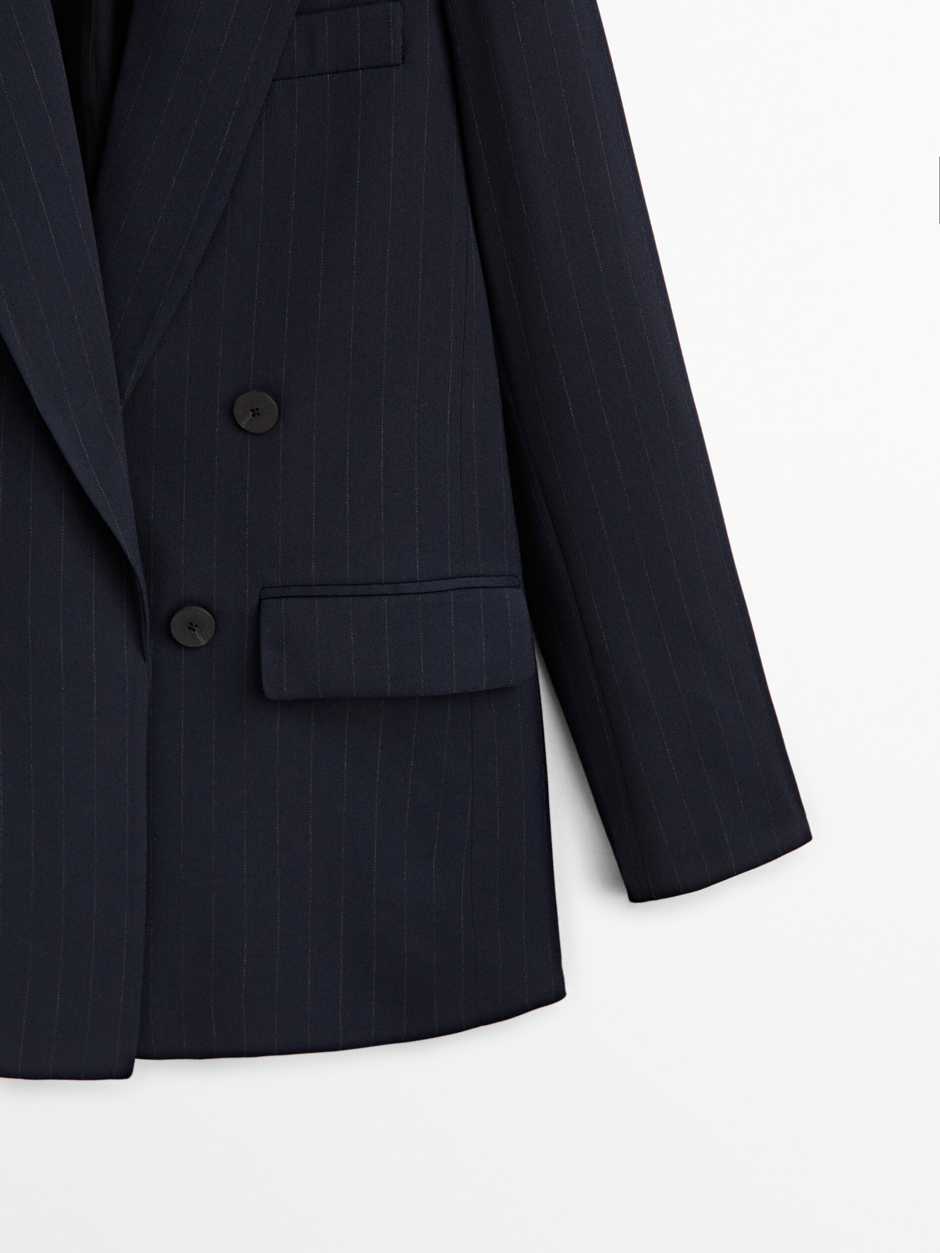 Terno risca de giz estilo americano com detalhe transpassado falso - AZUL MARINHO