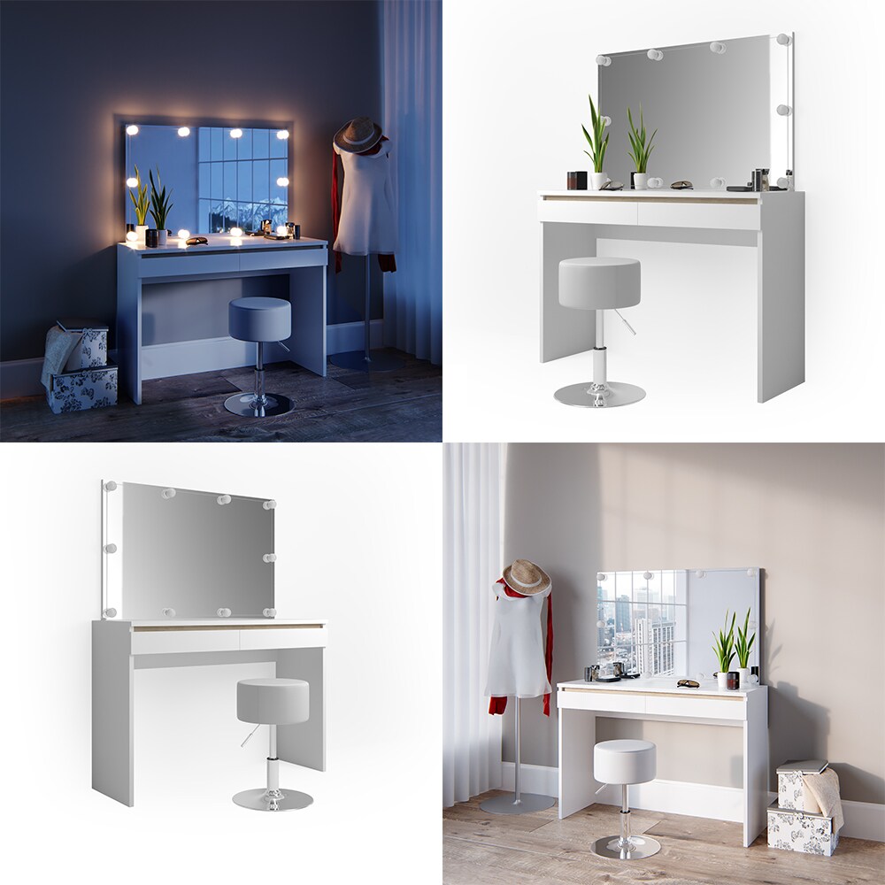 Vicco Schminktisch Emma Frisiertisch Frisierkommode Kommode Weiß Sonoma inklusive Spiegel, Hocker und LED-Lichterkette