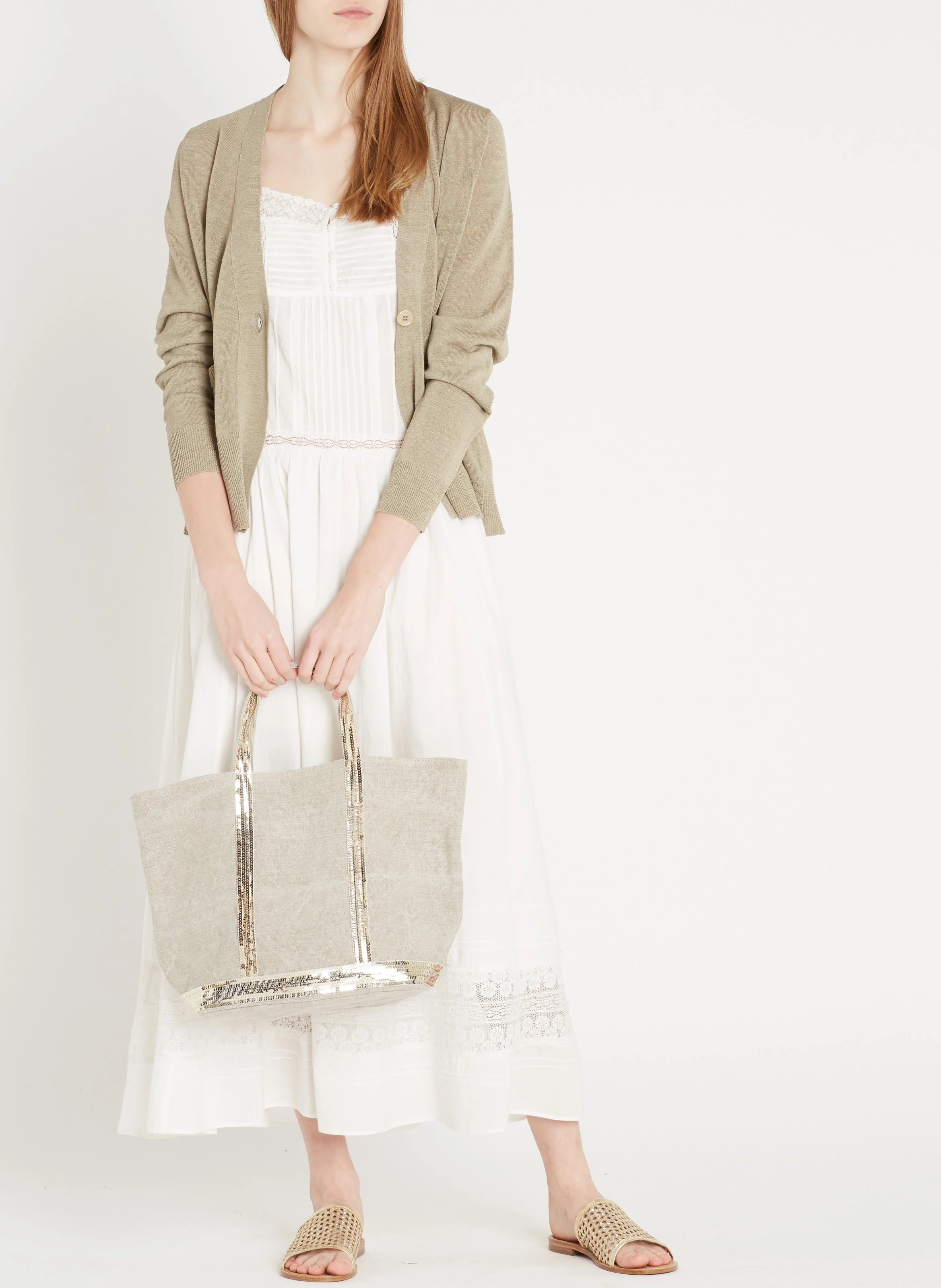 Cabas M brodé avec sequins en lin | Beige