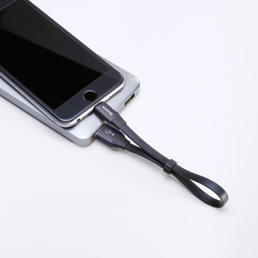 (23cm) 2A Lightning USB Flachband Mini Ladekabel - Schwarz