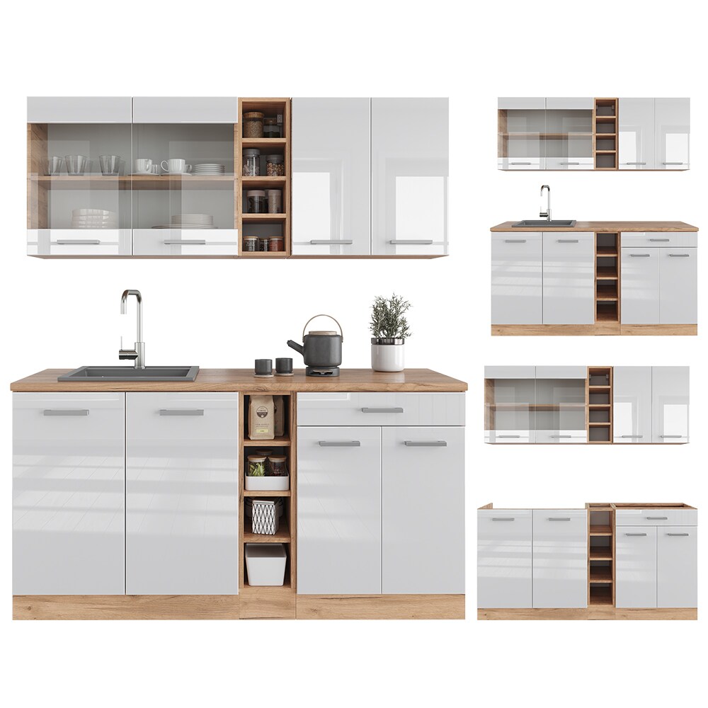 Vicco Küchenzeile Küchenblock Einbauküche R-Line Single Eiche Weiß Hochglanz 160 cm