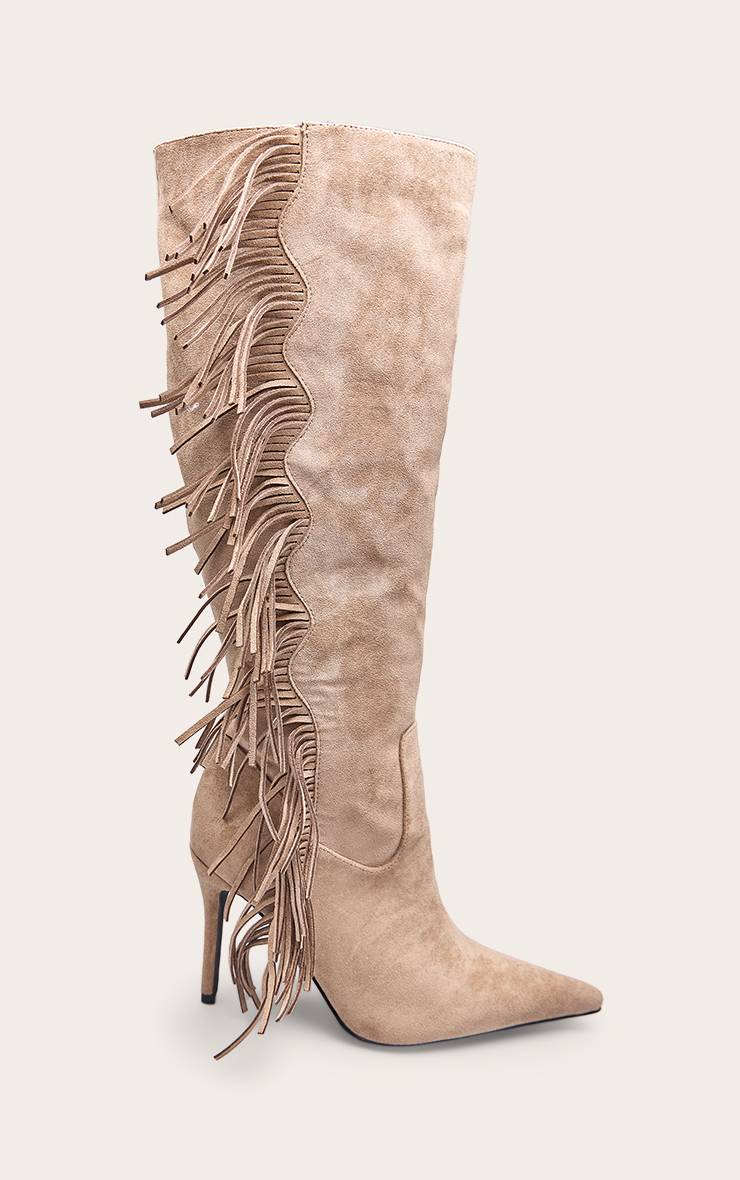 Taupe Bottes Hautes À Talons En Synthétique À Franges