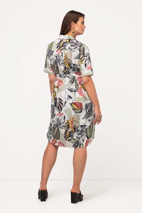 Hemdblusenkleid, Blätter, A-Linie, Hemdkragen, Halbarm