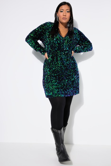 Kleid, Wickeloptik, Pailletten, V-Ausschnitt, Langarm
