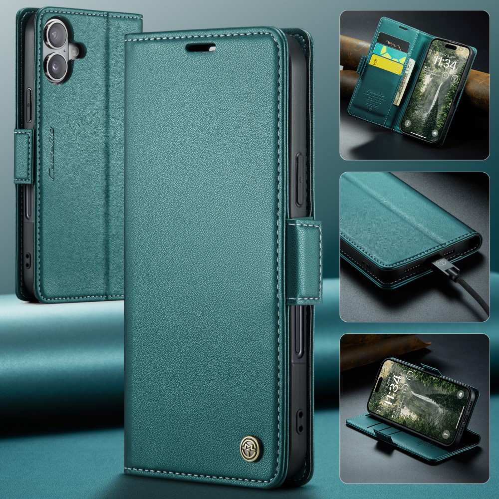 iPhone 16 Leder Tasche Flip Wallet Etui mit Kartenfächern Litchi Look (RFID Schutz) - Grün
