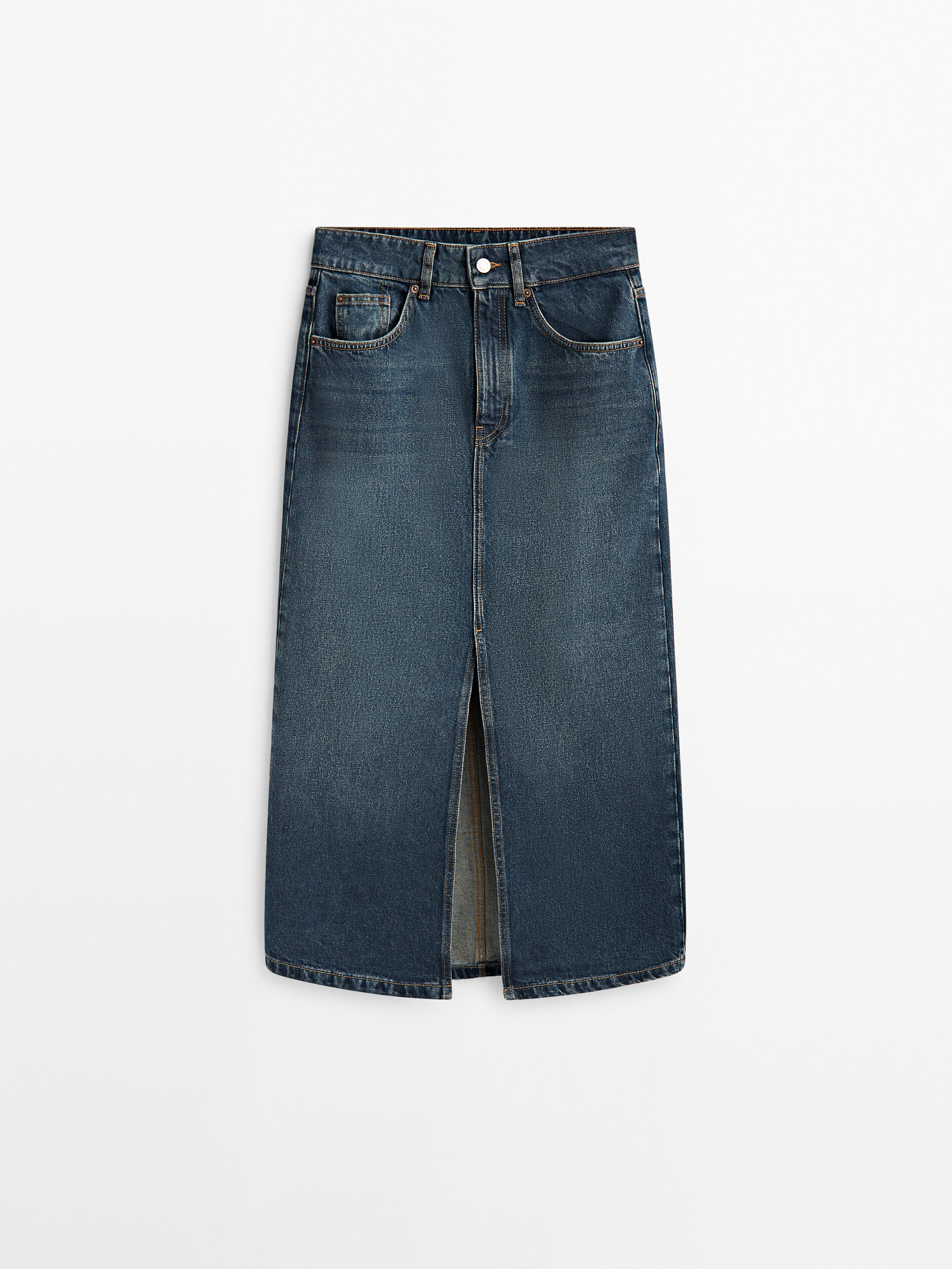 Saia jeans de cintura alta com efeito lavado - AZUL MÉDIO