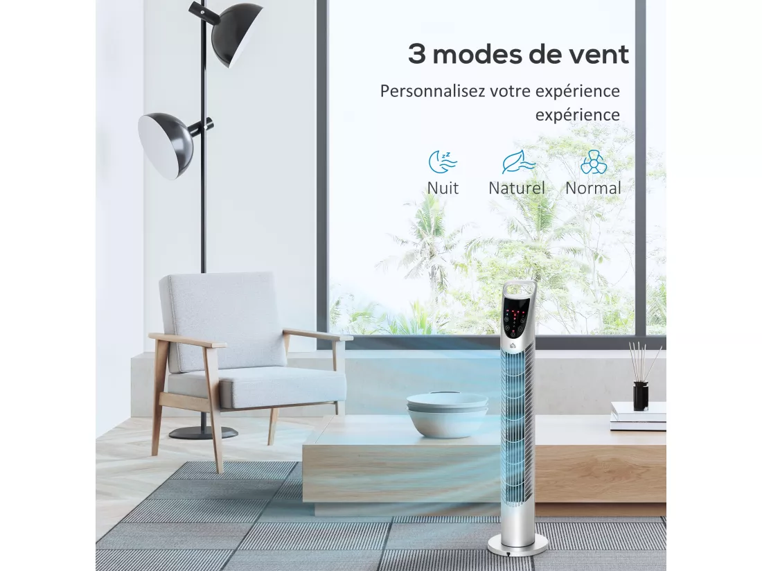 Ventilateur colonne tour oscillant silencieux 40 W télécommande panneau contrôle tactile 3 vitesses Ø 18 x 78H cm argenté