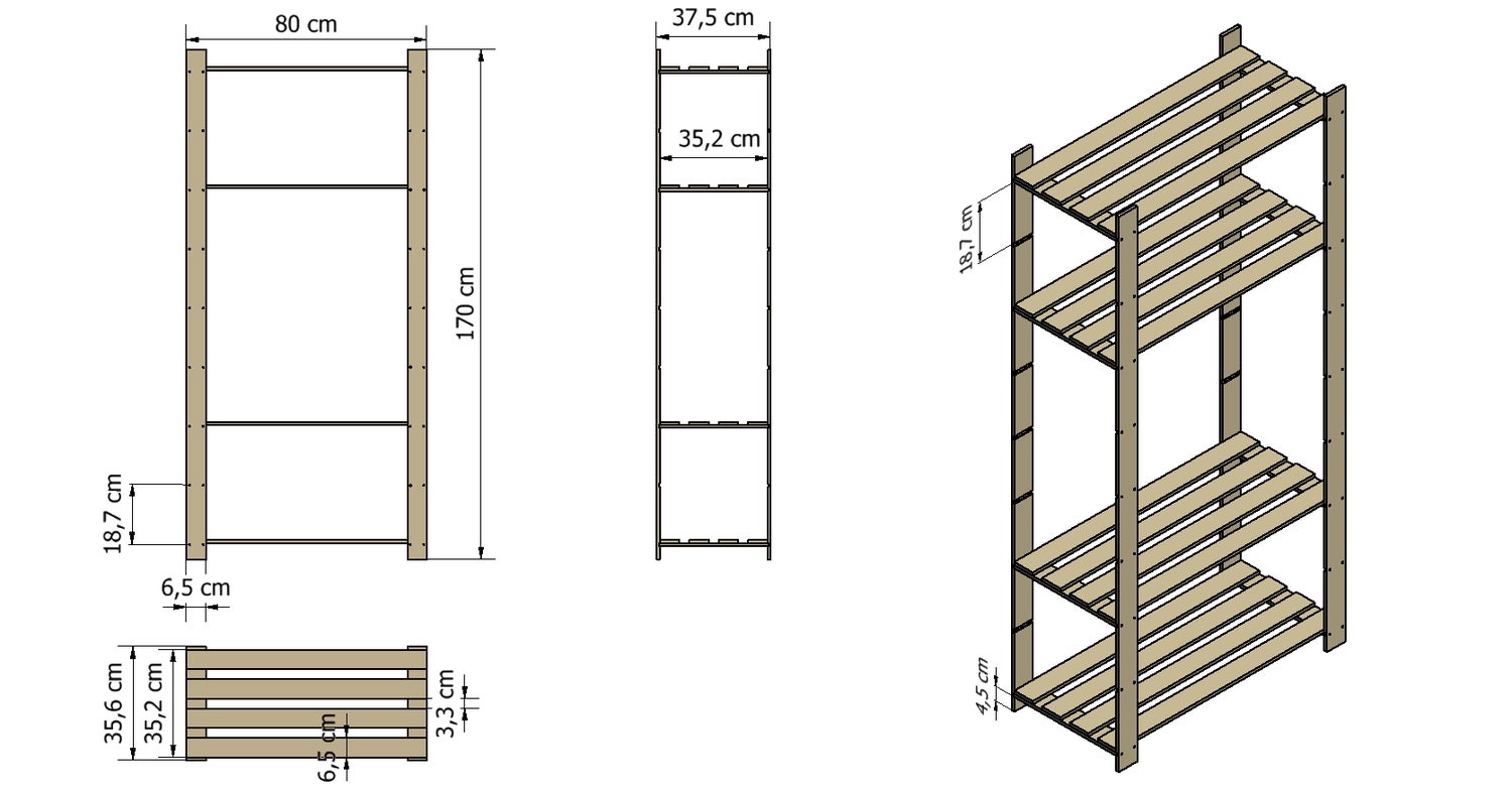 PROREGAL Pinepeak Houten Plank HxBxD 170 x 80 x 38 cm 5 Planken 1,2 cm Dik Dennenhout Bruin