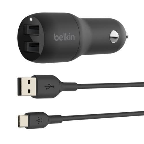 Dobbelt USB-A biloplader 24W + USB-C kabel, sort