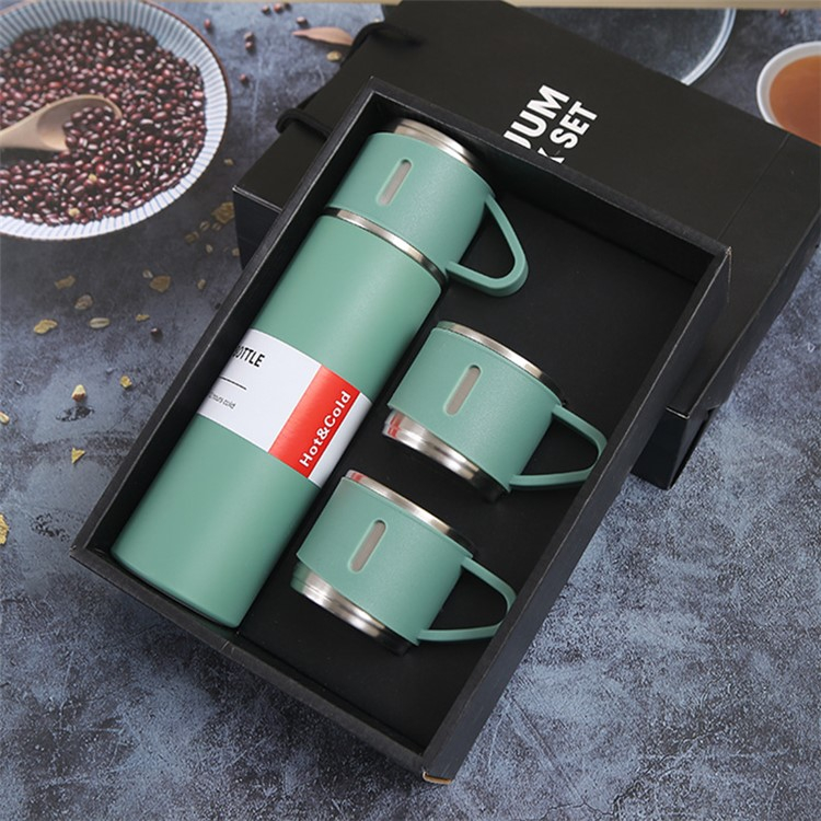 (4-tlg. Set) 500ml Edelstahl Thermo Trinkflasche Doppelwandige Camping Iso Kanne inkl. 3 Becher - Grün