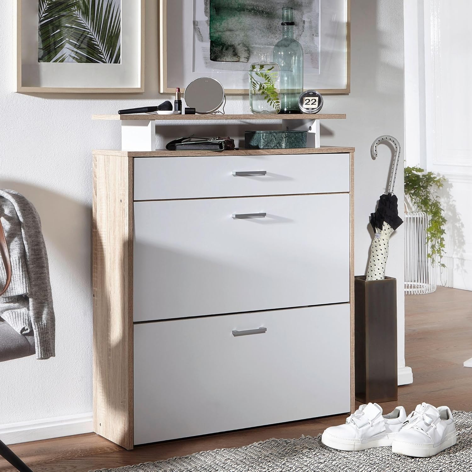 Wohnling Schuhkipper Holz 80x95x24 cm Modern Sonoma Eiche, Design Schuhregal Schuhkipper Schmal, Schuhschrank Schuhaufbewahrung mit Schublade, Flurschrank Schuhablage Regal