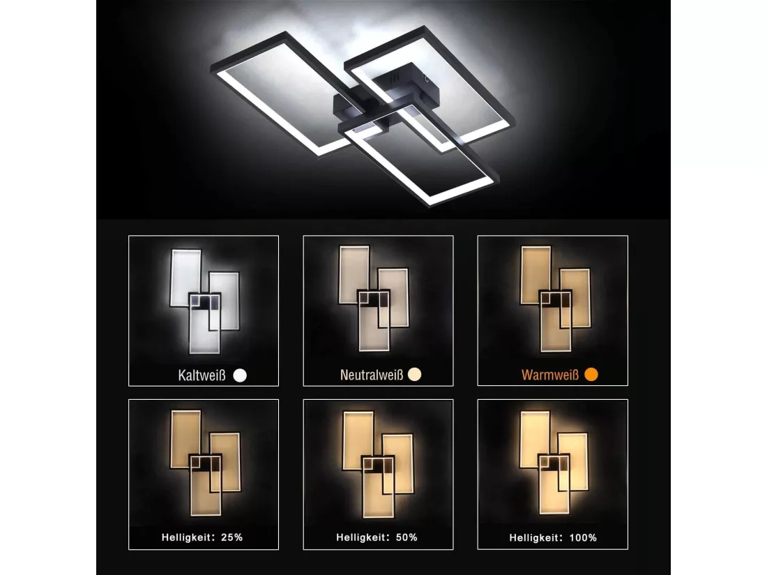 NETTLIFE Plafonnier LED 63W dimmable avec télécommande design moderne en métal noir pour chambre à coucher salle à manger salon bureau
