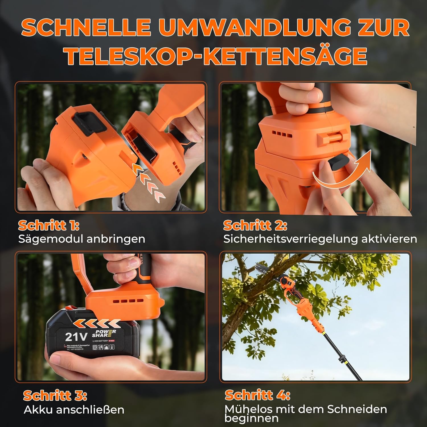 4-in-1 Akku-Hochentaster, 20cm Mini-Kettensäge & elektrische Gartenschere mit bürstenlosem Motor, automatischer Ölung 4,5 m Reichweite, 2 x 21V 3,0 Ah Akkus für Baumschnitt & Holzbearbeitung