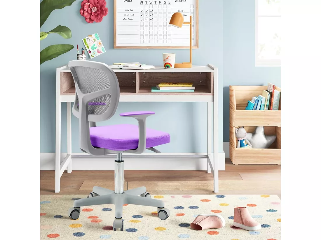 Chaise de Bureau Pivotante Enfants avec Hauteur Réglable 80-91,5cm, Siège à roulettes Enfants avec Dossier & Accoudoirs Ergonomique, Coussin Amovible, Verrouillage Automatique, 3-10 Ans