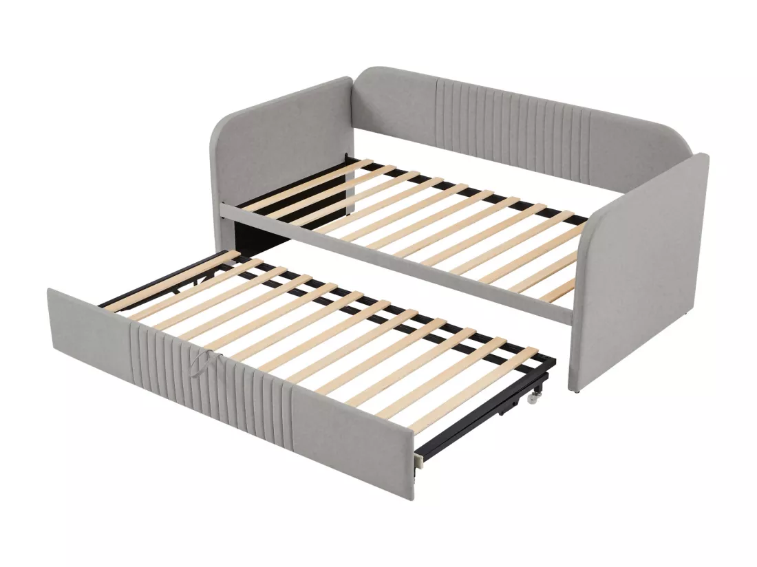 Lit gigogne 90-180x190cm, canapé-lit capitonné à rayures verticales, avec sommier à lattes, sans matelas, tissu en lin, gris clair