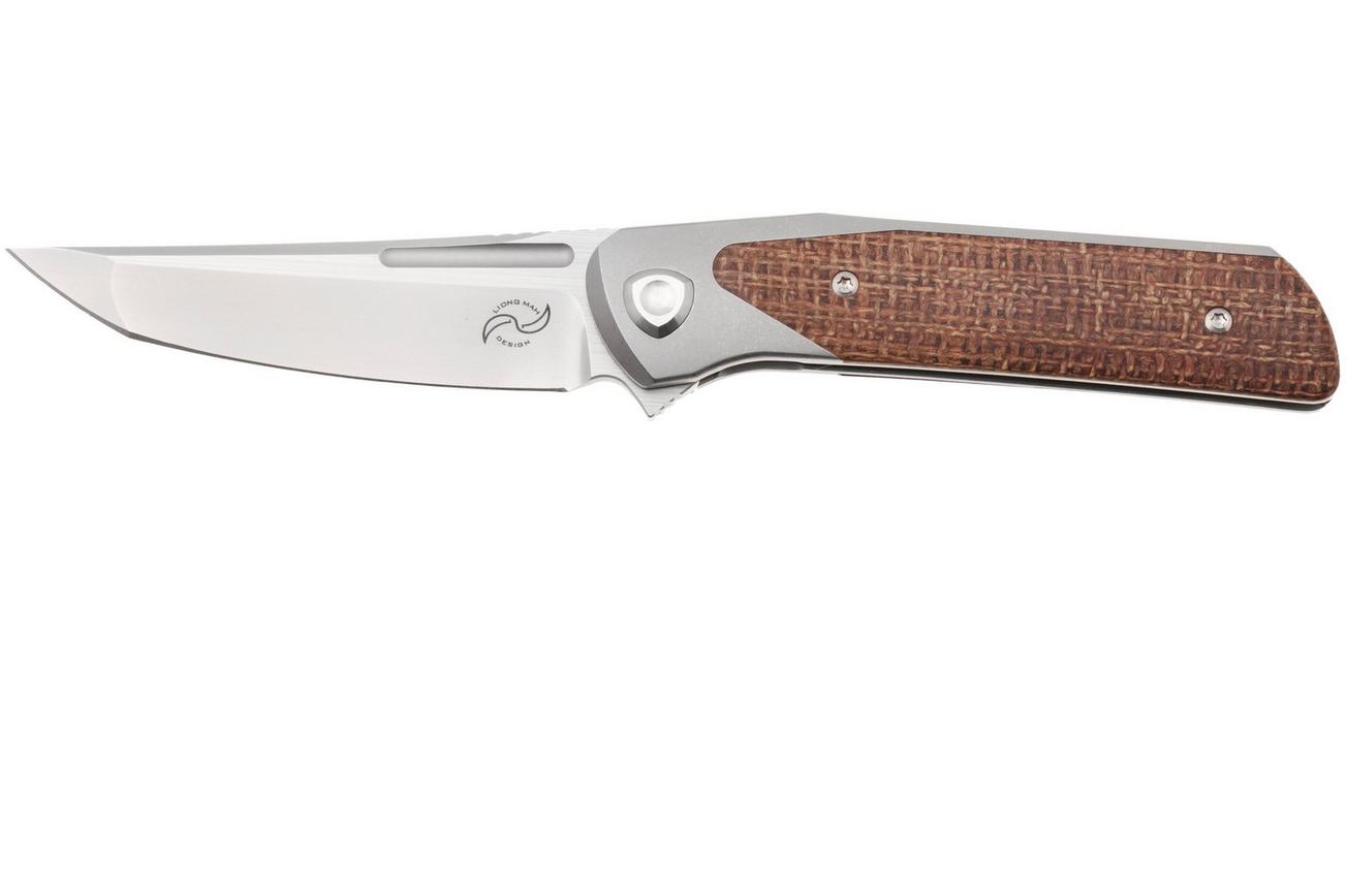Liong Mah Warrior 3 Bead Blasted Böhler M390, Titanium Brown Burlap Micarta Inlay, zakmes