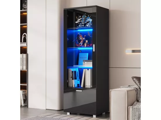 Vitrine avec portes brillantes 3 étagères vitrées en verre éclairées par LED vitrines pour objets de collection armoires à parfum bibliothèques noir