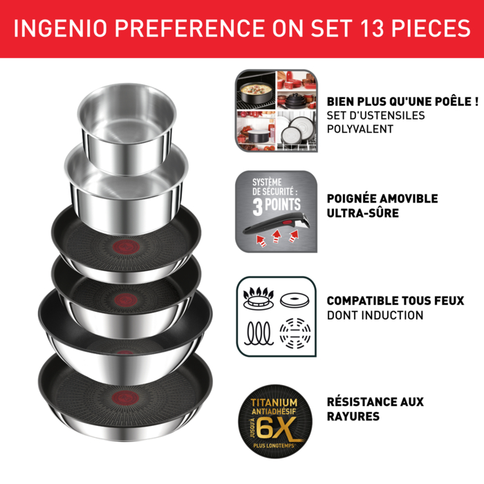 Ingenio Préférence, Batterie de cuisine 13pcs, Inox, antiadhésif, Induction