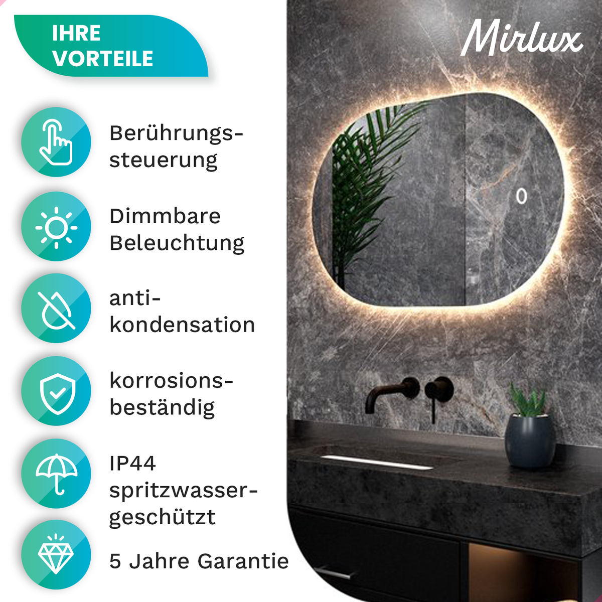 Mirlux badkamerspiegel met ledverlichting, ronde wandspiegel, anticondens douchespiegel, 90x60cm