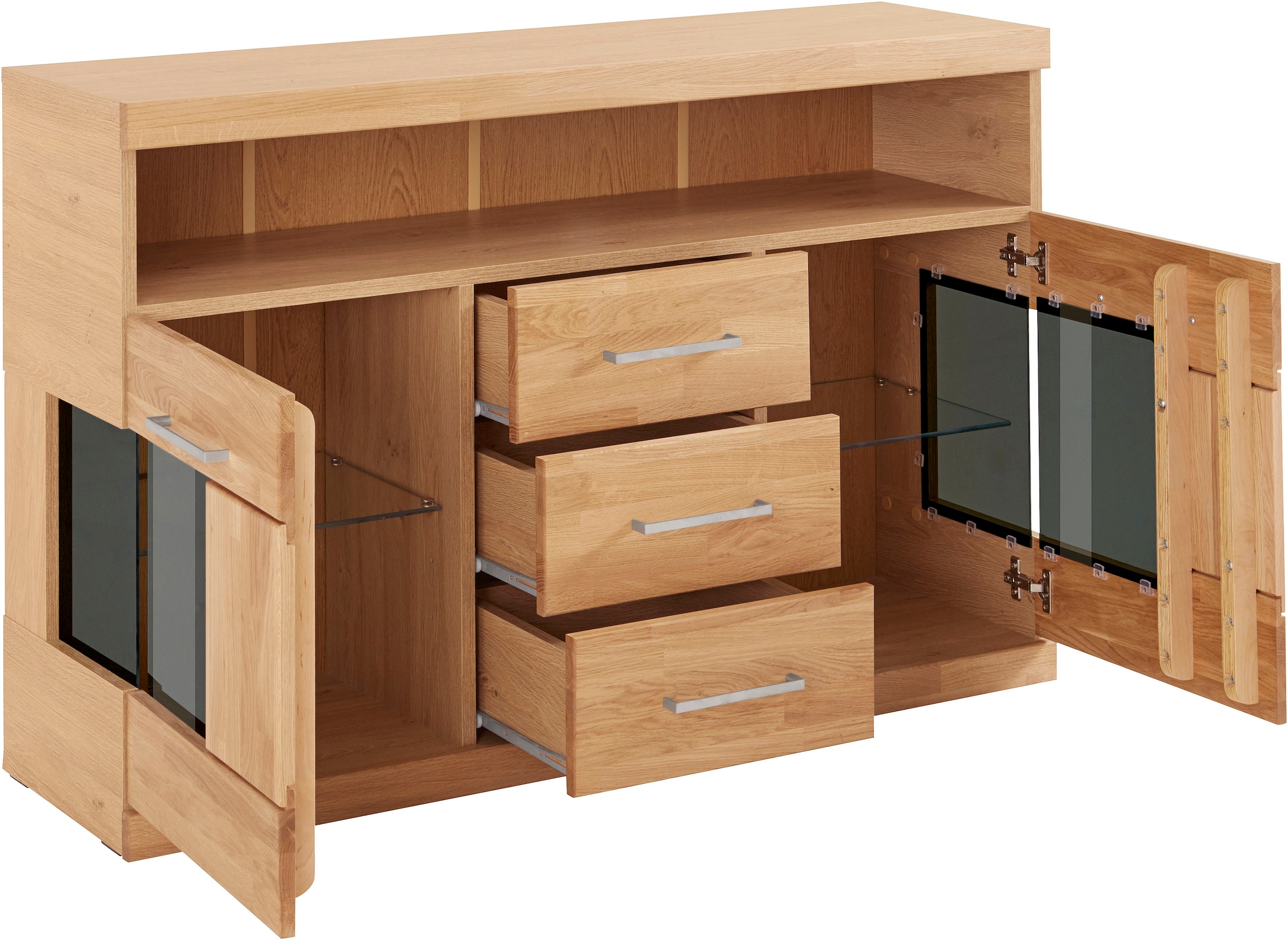 Home affaire Sideboard »Ribe,125cm breit, Fronten Massivholz,5 Fächer,Böden versetzbar« Korpus Holzwerkstoff,Türen mit Glaseinsatz,3 Schubladen,Metallgriffe