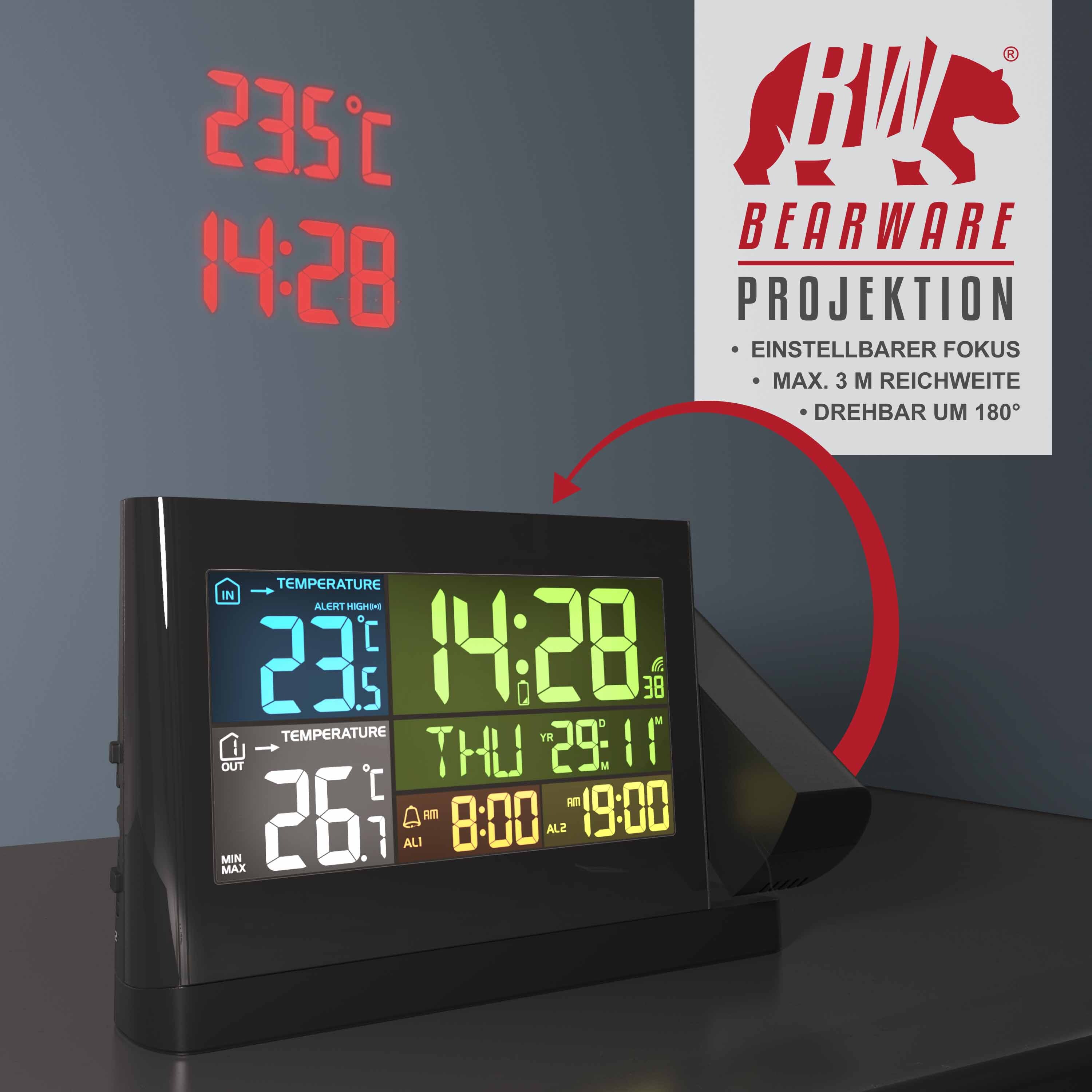 BEARWARE Wetterstation mit Außensensor, Funkwetterstation mit Projektion (um 180° drehbar) & Farbdisplay
