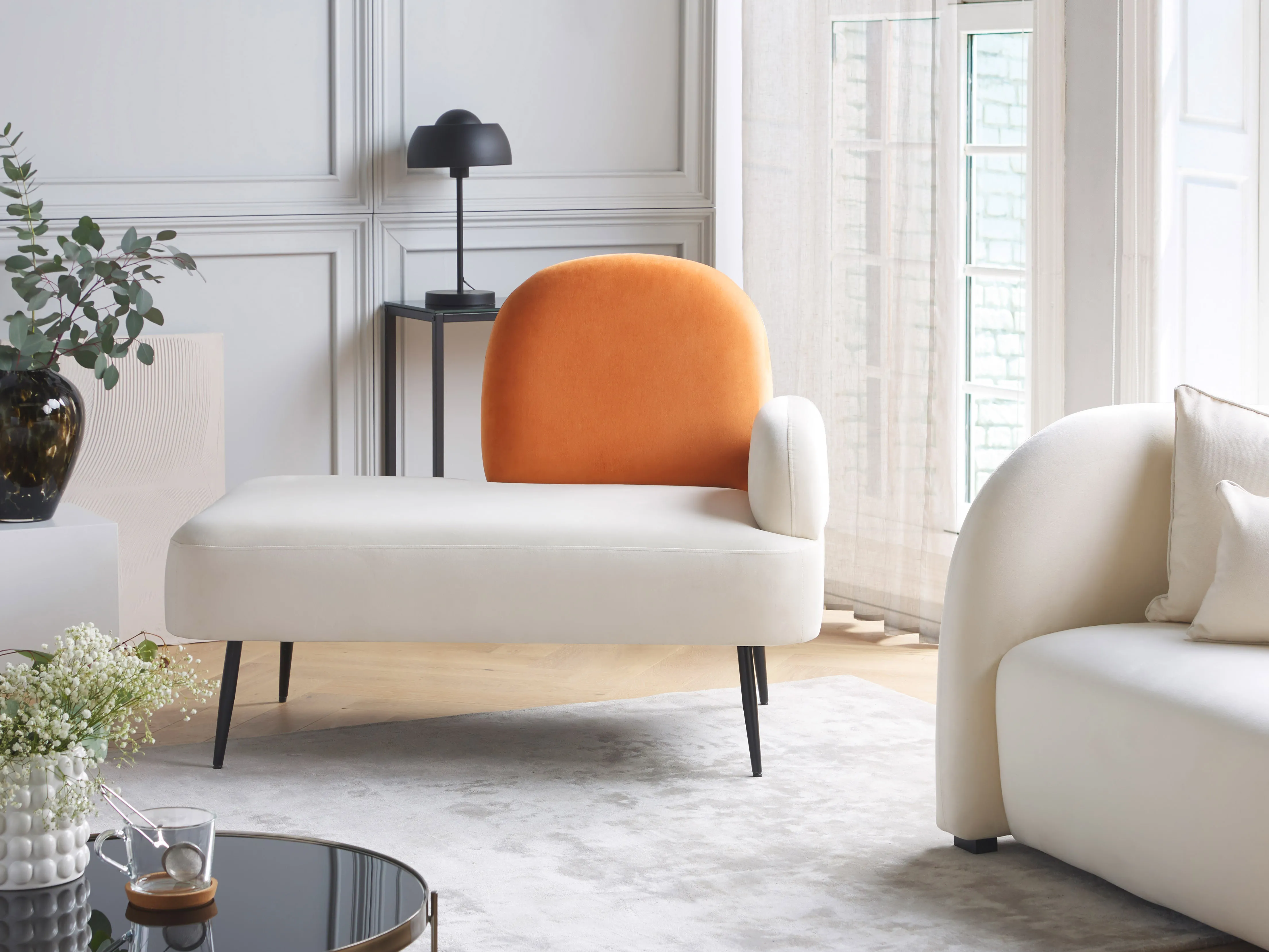 Rechtszijdige chaise longue ARCEY Fluweel Oranje