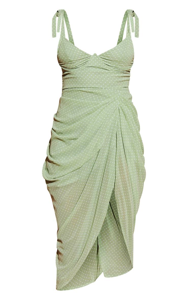 Vert Sauge Robe Mi-longue À Pois Avec Détail Armature Et Drapé