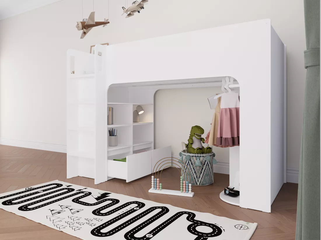 Lit mezzanine 90 x 190 cm avec rangements - Blanc - Avec matelas - COLUMI