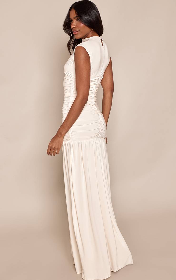 Crème Robe Longue À Taille Basse En Jersey Slinky Double Épaisseur Avec Manches Courtes