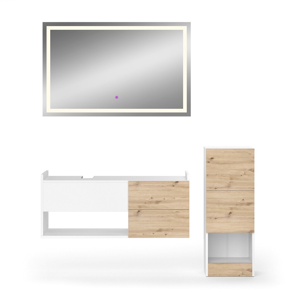 Vicco Badmöbel-Set Alf, Weiß Artisan Eiche, Badezimmer, moderne Badserie, Waschtischunterschrank, LED-Spiegel, Midischrank