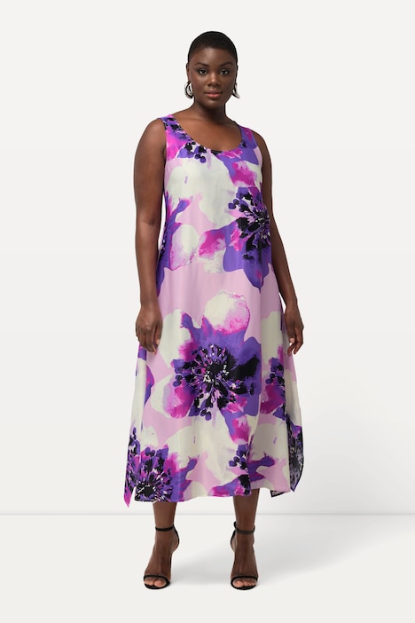 Midikleid, Blüten, Rundhals, ärmellos