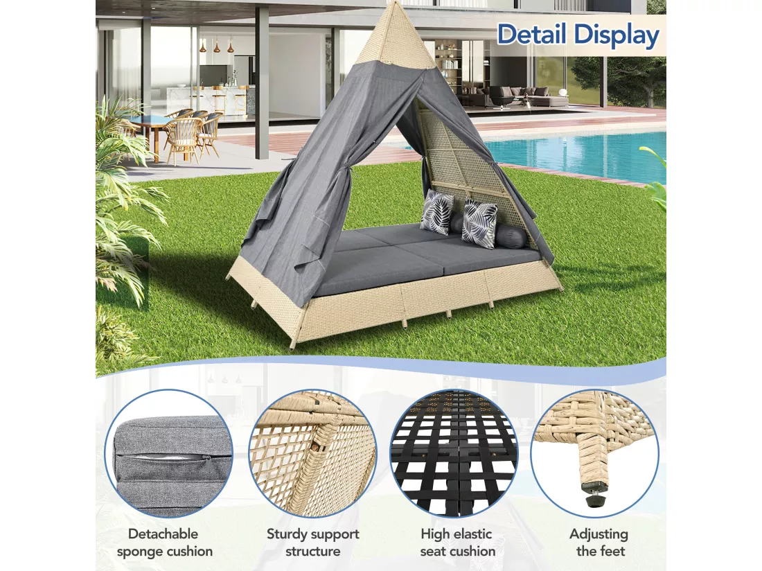Lit de jardin à baldaquin 2 à 4 places - Rotin beige et rideau de porte gris - Coussins inclus - pour extérieur