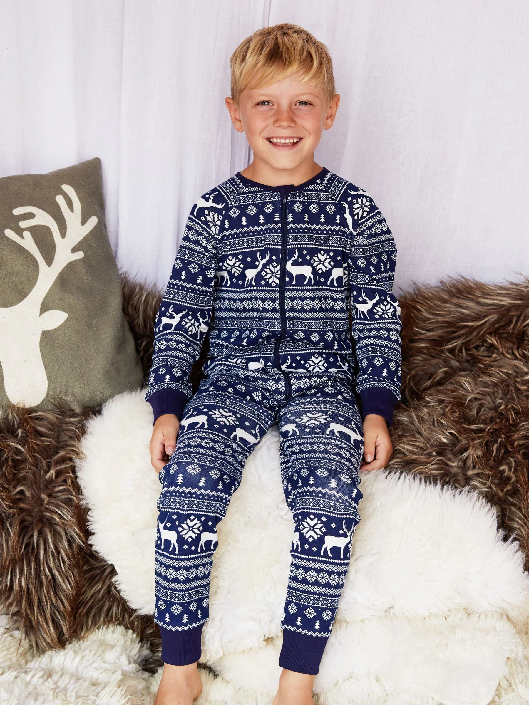 Blauw - The Little Tailor Kids Rendier kerstmis fair isle-patroon 100% katoen alles-in-één