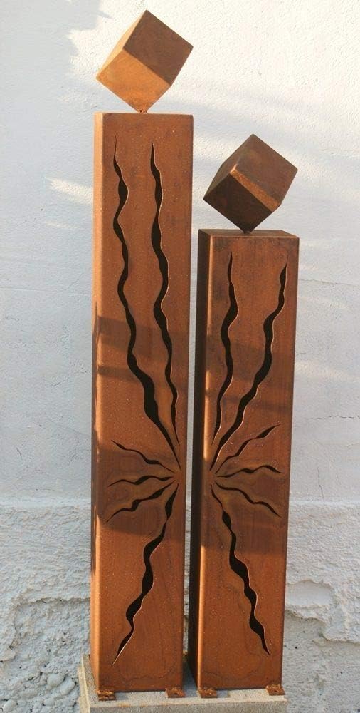 Gartendeko Rost, Metall, 2 Rostsäulen 100/80 cm mit Würfel. Handgemachte Säulen aus Edelrost, Stelen, als Paar mit Würfel für Ihren Garten, oder als Geschenk, wetterfest.